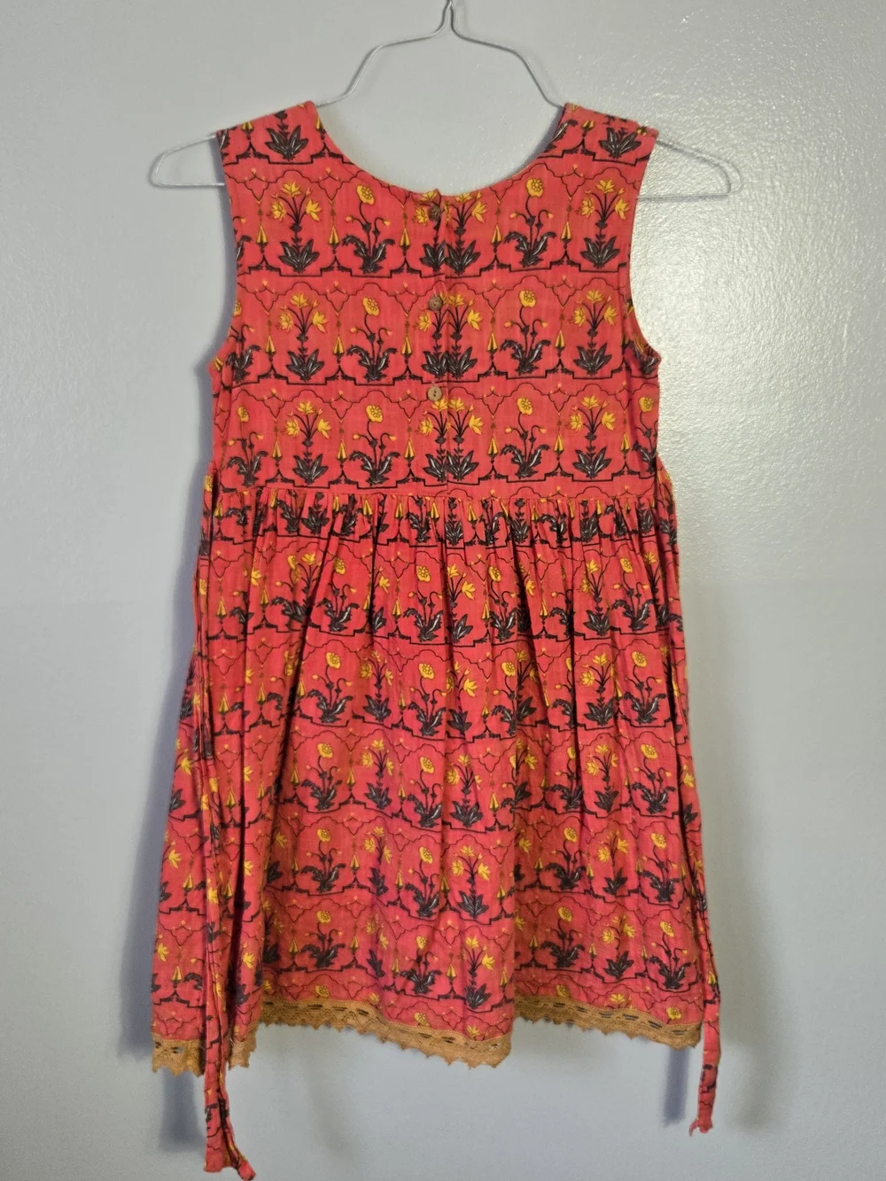 Yo Baby India 100% Cotton Floral Block Print Lace Trim Back Tie Dress Size 11